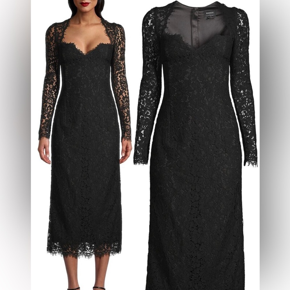 Bardot Aurora Lace Long Sleeve Midi Dress In Black, Size 8